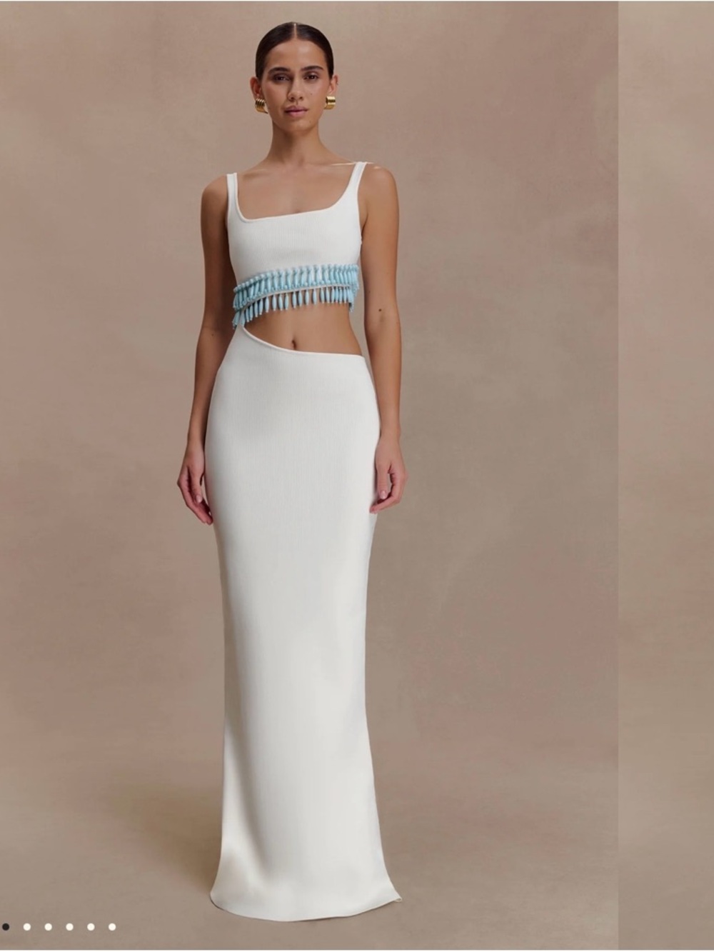MESHKI RUVIK KNIT MAXI BEADED DRESS IN WHITE AND TURQUOISE